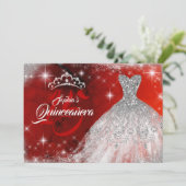 Silver Red Lace Diamond Gown Tiara Quinceanera Einladung (Stehend Vorderseite)