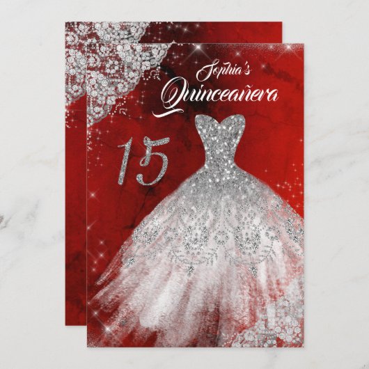 Silver Red Lace Diamond Sparkle Gown Quinceanera Einladung (Vorne/Hinten)