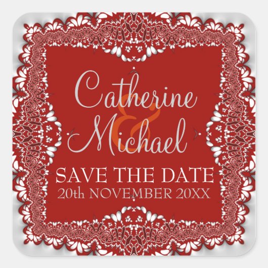Silver+Red Lace Wedding Save the Date Sticker (Vorderseite)