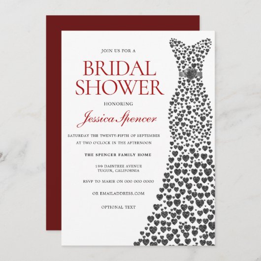 Silver & Red Liebe Heart Dress Brautparty laden Einladung (Vorne/Hinten)