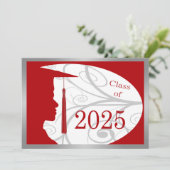 Silver & Red Man Silhouette 2025 Graduation Party Einladung (Stehend Vorderseite)