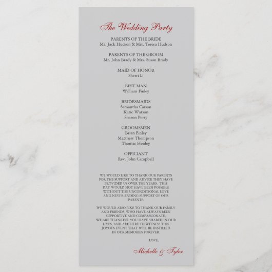 Silver & Red Monogram Wedding Program Programm (Rückseite)