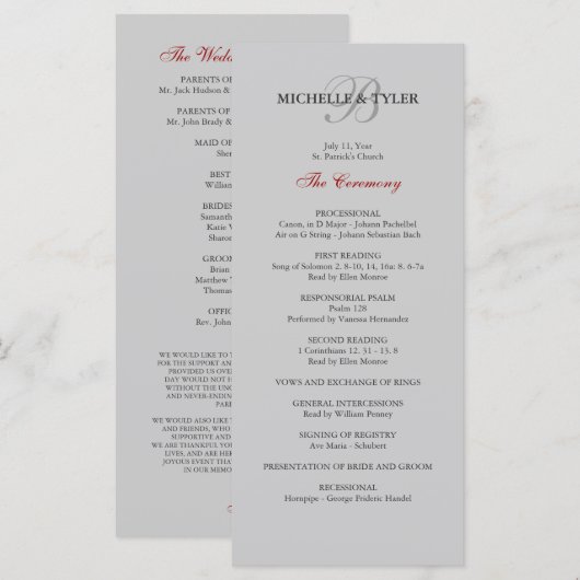 Silver & Red Monogram Wedding Program Programm (Vorne/Hinten)