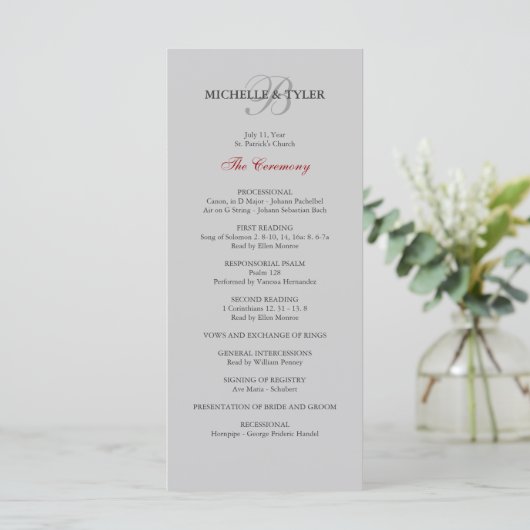 Silver & Red Monogram Wedding Program Programm (Stehend Vorderseite)