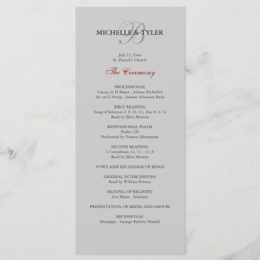 Silver & Red Monogram Wedding Program Programm (Vorderseite)
