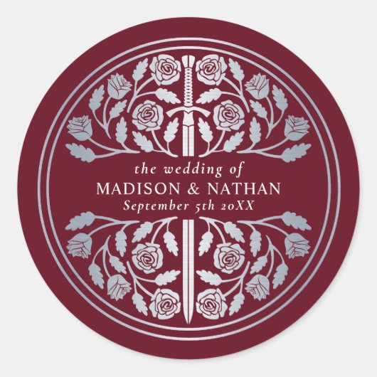 Silver Red Royal Medieval Sword Wedding  Runder Aufkleber (Vorderseite)