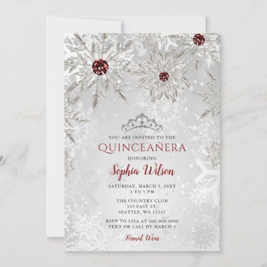 Silver Red Snowflakes Tiara Quinceañera Einladung (Vorderseite)