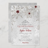Silver Red Snowflakes Tiara Quinceañera Einladung (Vorne/Hinten)