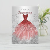 Silver Red Sparkle Dress Quinceañera Quince Einladung (Stehend Vorderseite)