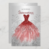 Silver Red Sparkle Dress Quinceañera Quince Einladung (Vorne/Hinten)
