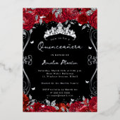 Silver Red Swirl Scroll Floral Quinceanera Folieneinladung (Vorderseite)