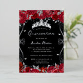 Silver Red Swirl Scroll Floral Quinceanera Folieneinladung (Stehend vorne)