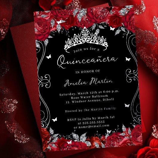 Silver Red Swirl Scroll Floral Quinceanera Folieneinladung