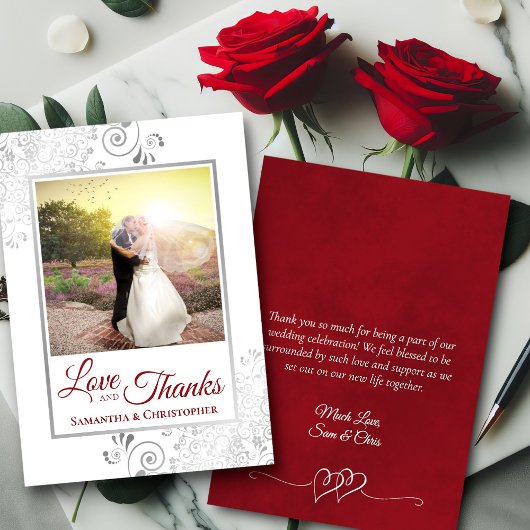 Silver Red & White Liebe Dank Foto Note Wedding Dankeskarte