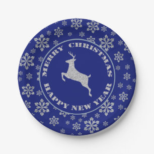 Silver Reindeer Blue Snowflake Pappteller