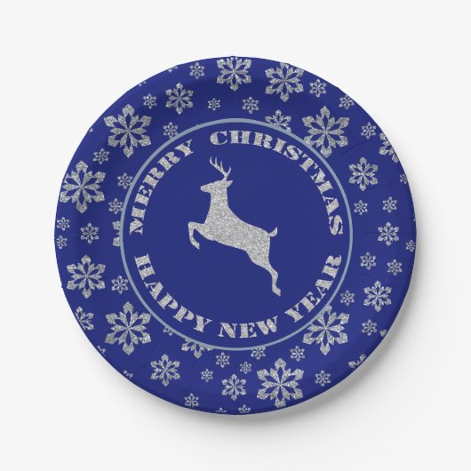 Silver Reindeer Blue Snowflake Pappteller (Vorderseite)