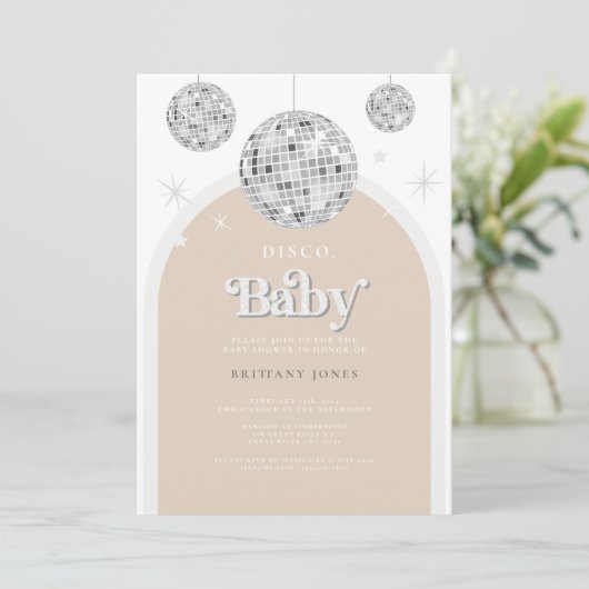 Silver Retro Disco BABY, Kinderdusche Einladung (Stehend Vorderseite)