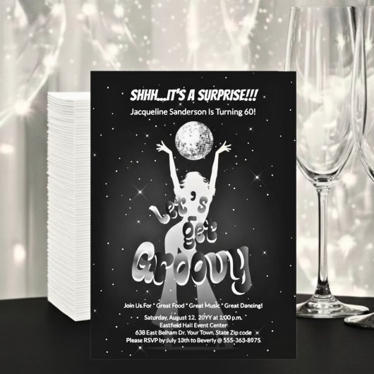 Silver Retro Let's Get Groovy 60th Birthday Party Einladung