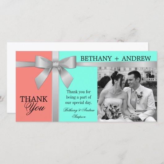 Silver Ribbon Aqua Coral Pink Hochzeit Vielen Dank Dankeskarte (Vorne/Hinten)