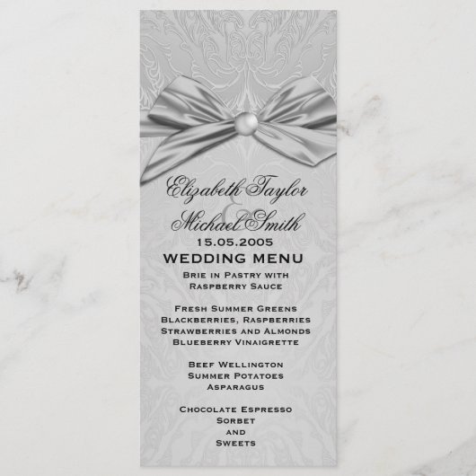 Silver Ribbon Elegant Damask Wedding Menu Menükarte (Vorderseite)