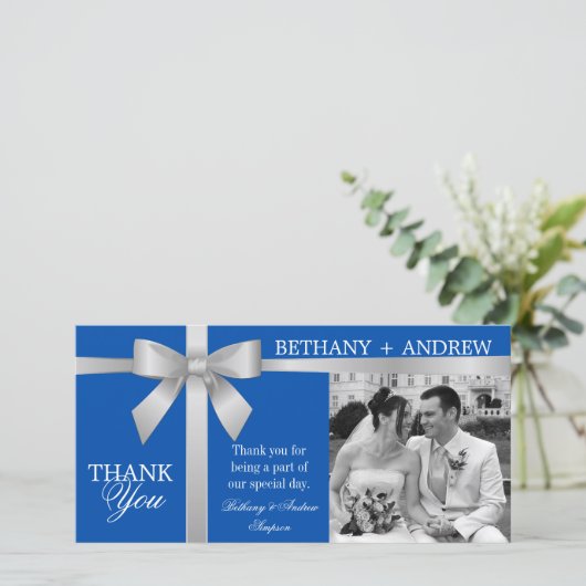 Silver Ribbon Royal Blue Wedding Vielen Dank Dankeskarte (Stehend Vorderseite)