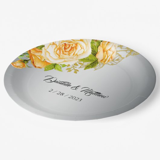 Silver Romance Golden Rose Hochzeit Pappteller (Schrägansicht)