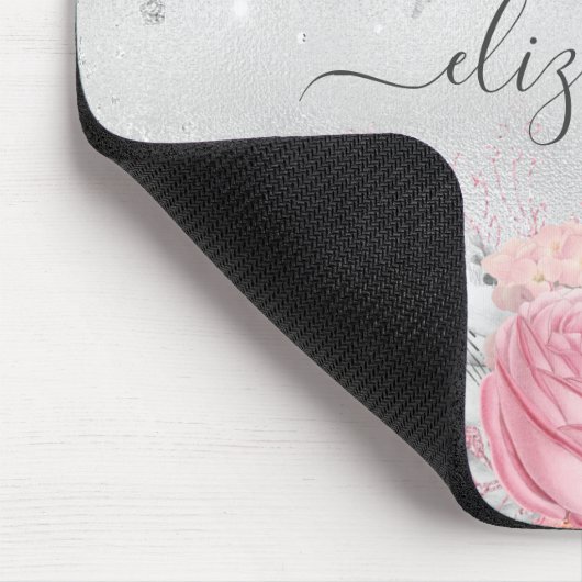 Silver Rosa Blume Glitzer Namenskript Mousepad (Ecke)