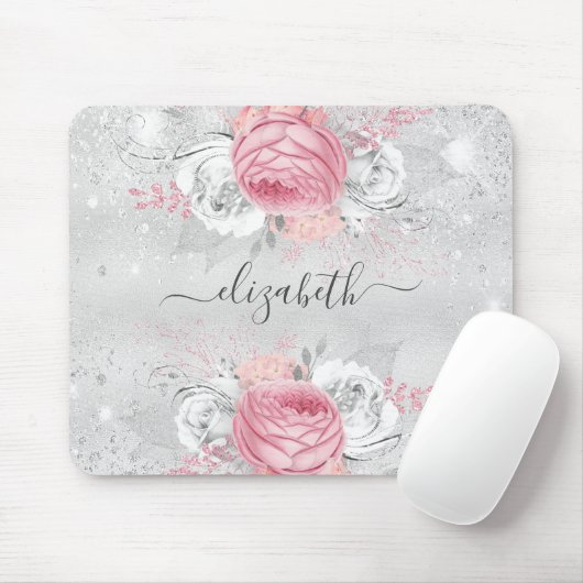 Silver Rosa Blume Glitzer Namenskript Mousepad (Mit Mouse)
