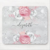 Silver Rosa Blume Glitzer Namenskript Mousepad (Vorne)