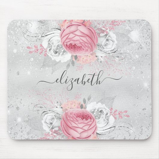 Silver Rosa Blume Glitzer Namenskript Mousepad (Vorne)