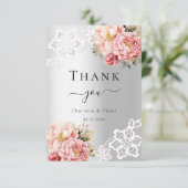 Silver rosa Blumenstrauß Hochzeit danke Karte (Stehend Vorderseite)
