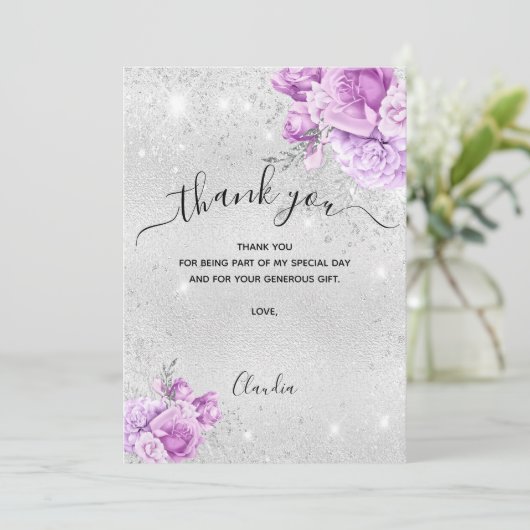 Silver rosa Flora Dankeschön Karte (Stehend Vorderseite)