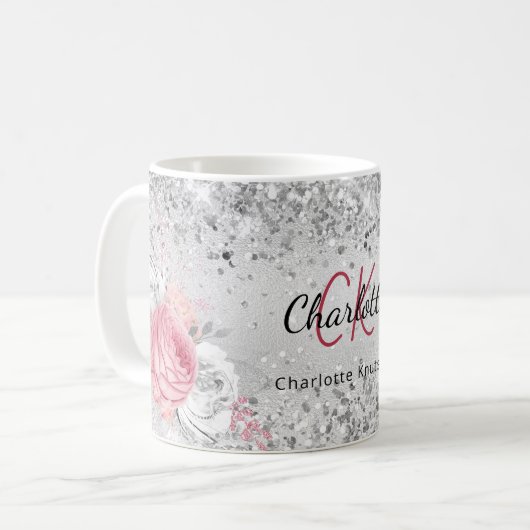 Silver rosa Flora elegante Monogramm-Bezeichnung Kaffeetasse (Vorderseite Links)