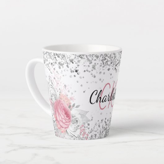 Silver rosa Flora elegante Monogramm-Bezeichnung Milchtasse (Linke Ecke)