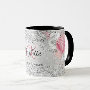 Silver rosa Flora elegante Monogramm-Bezeichnung Tasse