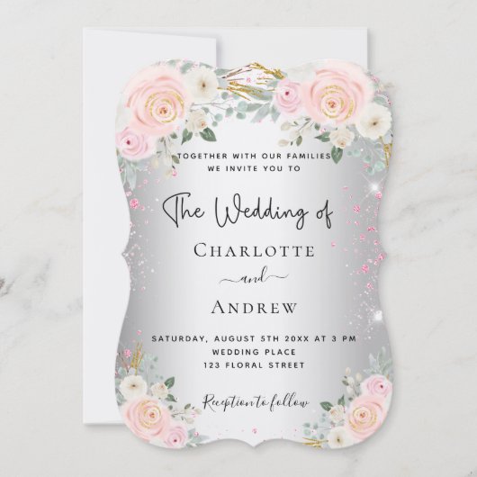 Silver rosa florale elegante luxuriöse Hochzeit Einladung (Vorderseite)