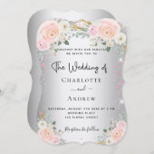 Silver rosa florale elegante luxuriöse Hochzeit Einladung (Vorne/Hinten)