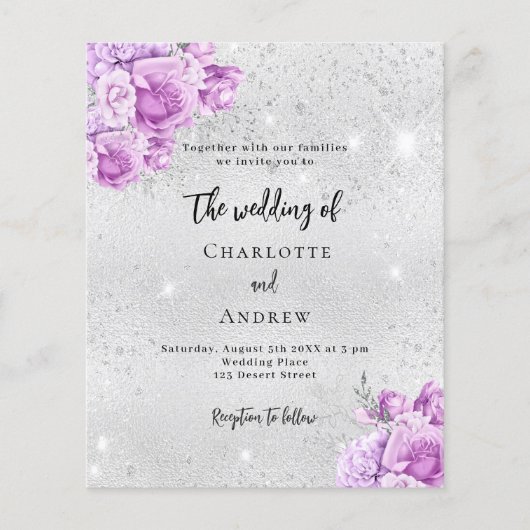 Silver rosa violett Budget Hochzeitseinladung (Vorderseite)
