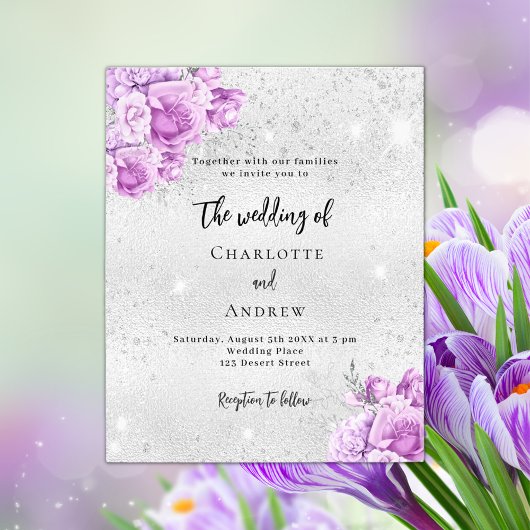 Silver rosa violett Budget Hochzeitseinladung Flyer