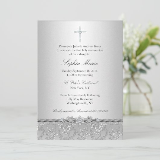 Silver Rose Cross Baptisse/Christening Einladung (Stehend Vorderseite)