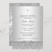 Silver Rose Cross Baptisse/Christening Einladung (Vorne/Hinten)