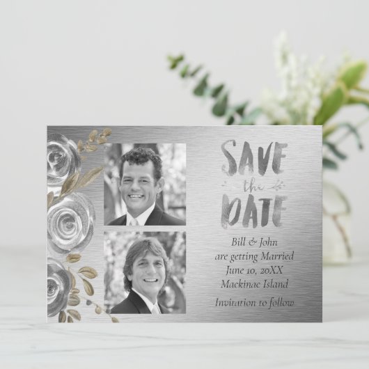 Silver Rose Gay Save the Date (Stehend Vorderseite)