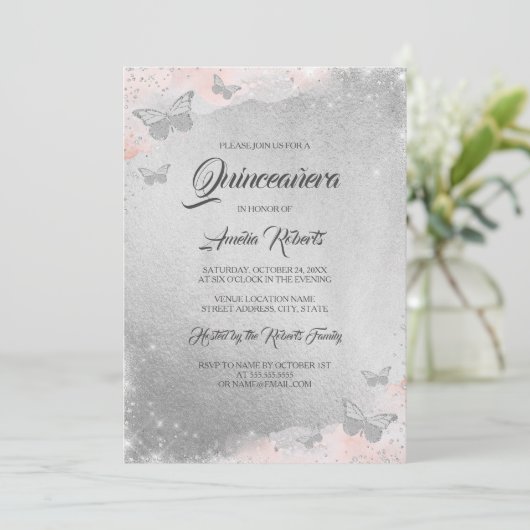 Silver Rose Gold Butterfly Kleid Quinceanera Einladung (Stehend Vorderseite)