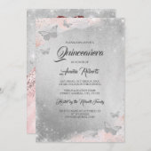 Silver Rose Gold Butterfly Kleid Quinceanera Einladung (Vorne/Hinten)