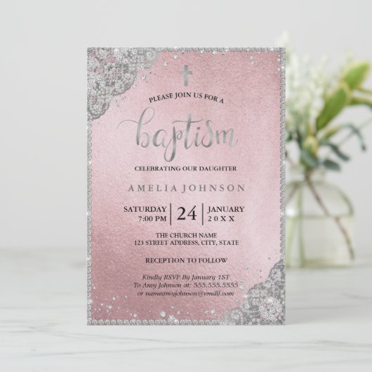 Silver Rose Gold Diamond Spitzen Kreuztaufe Einladung (Stehend Vorderseite)