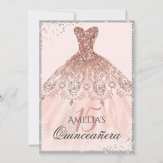 Silver Rose Gold Dress Sparkle 15. Quinceanera Einladung (Vorderseite)