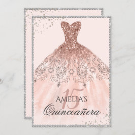 Silver Rose Gold Dress Sparkle 15. Quinceanera Einladung