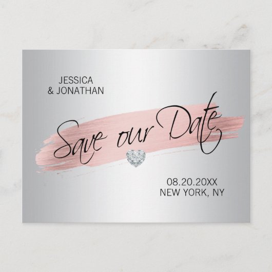 Silver Rose Gold Foil Wedding RETTE UNSER DATUM Ankündigungspostkarte (Vorderseite)