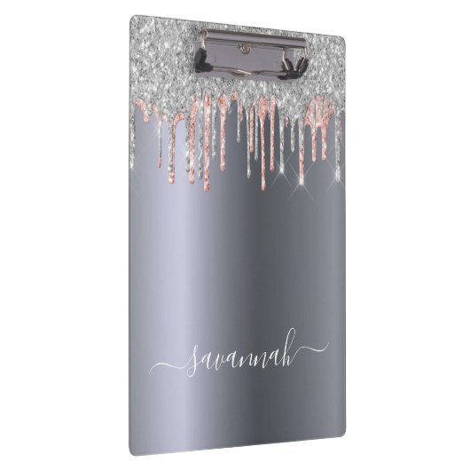 Silver rose gold glitter drips name script klemmbrett (Rechts)
