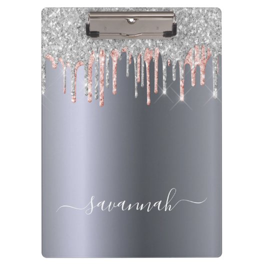 Silver rose gold glitter drips name script klemmbrett (Vorderseite)